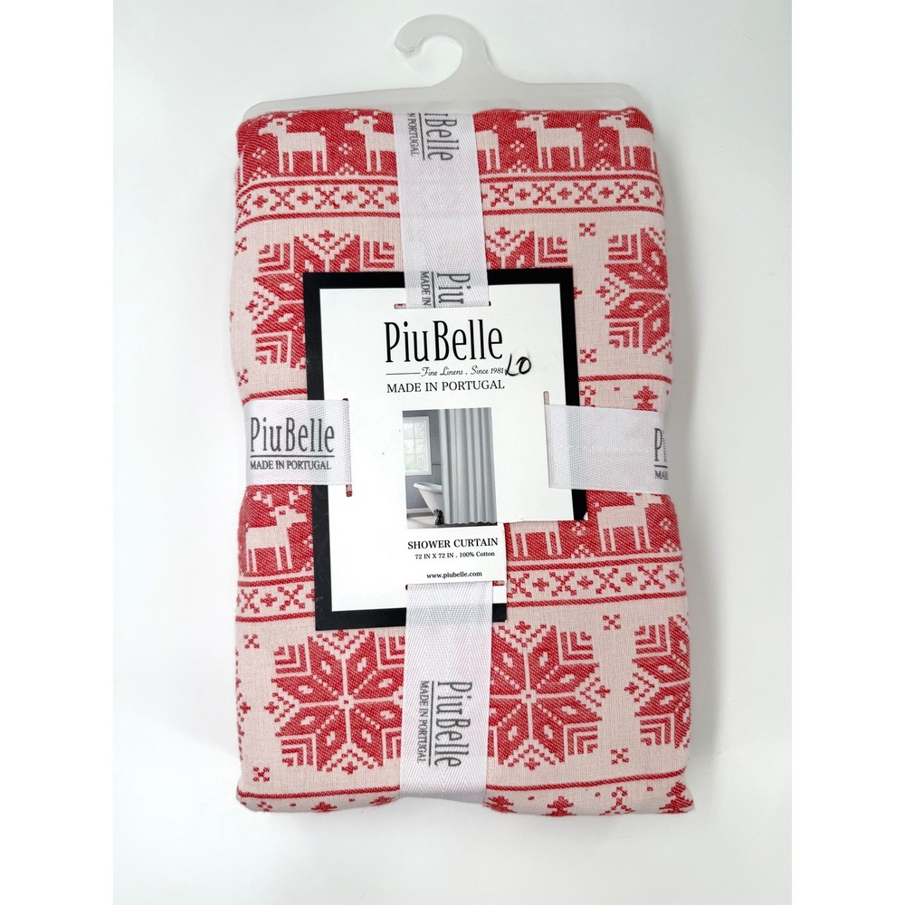 Piu Belle Shower Curtain Unisex 72x72 Red NWT Fair Isle Reindeer Cotton Portugal